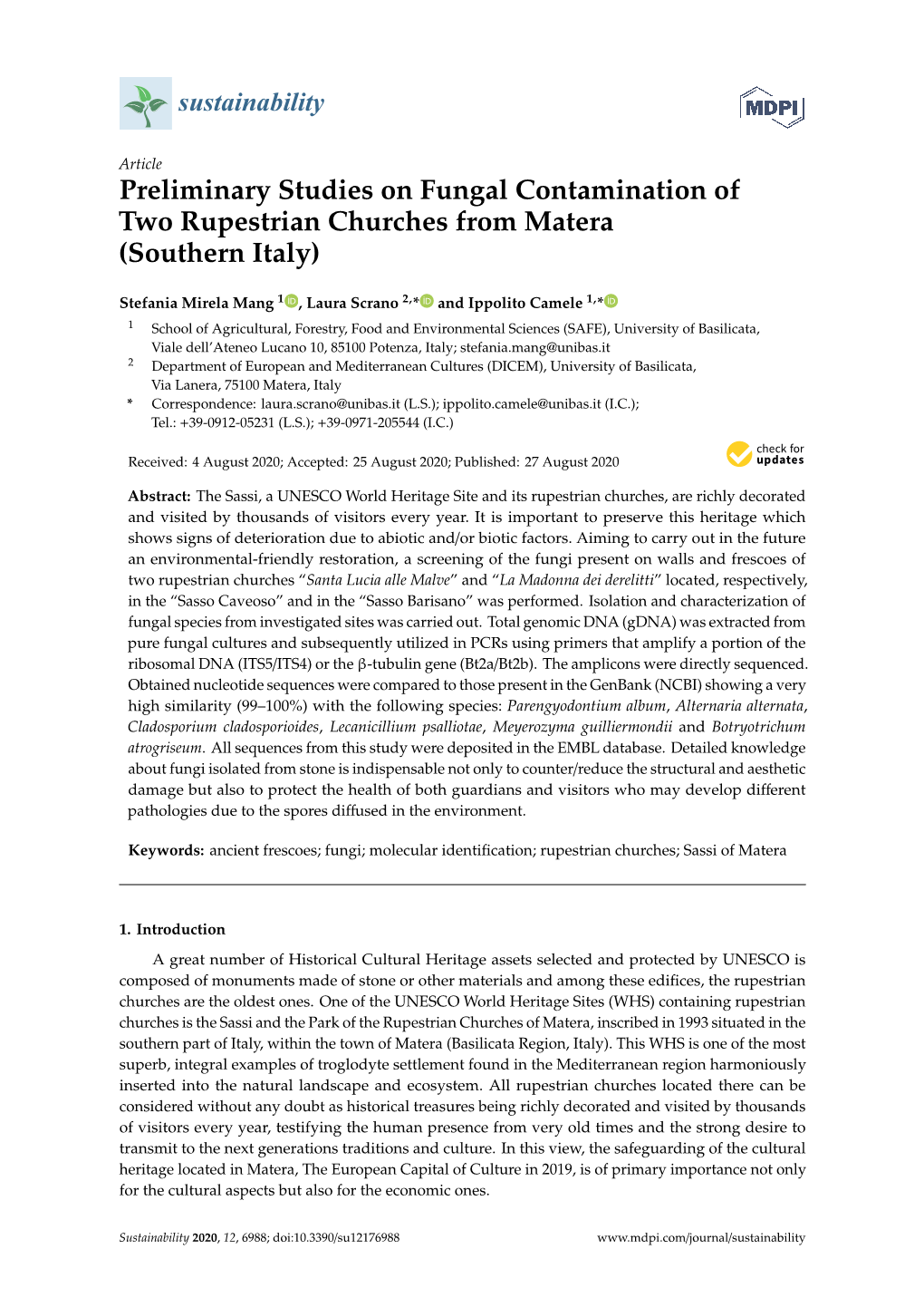 Preliminary Studies on Fungal Contamination of Two Rupestrian Churches from Matera (Southern Italy)