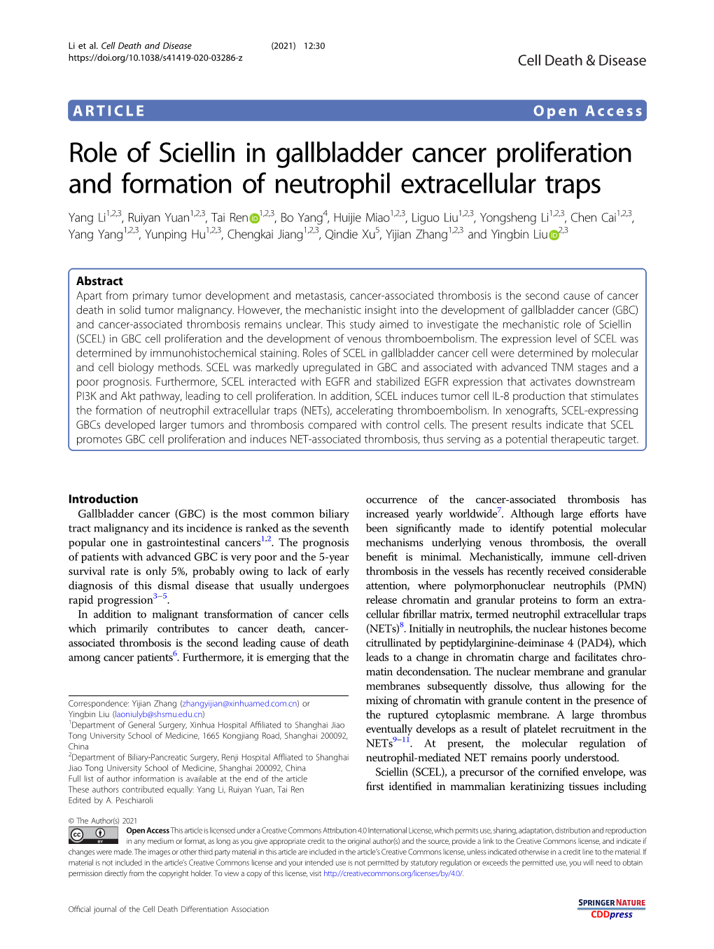 Role of Sciellin in Gallbladder Cancer Proliferation and Formation Of