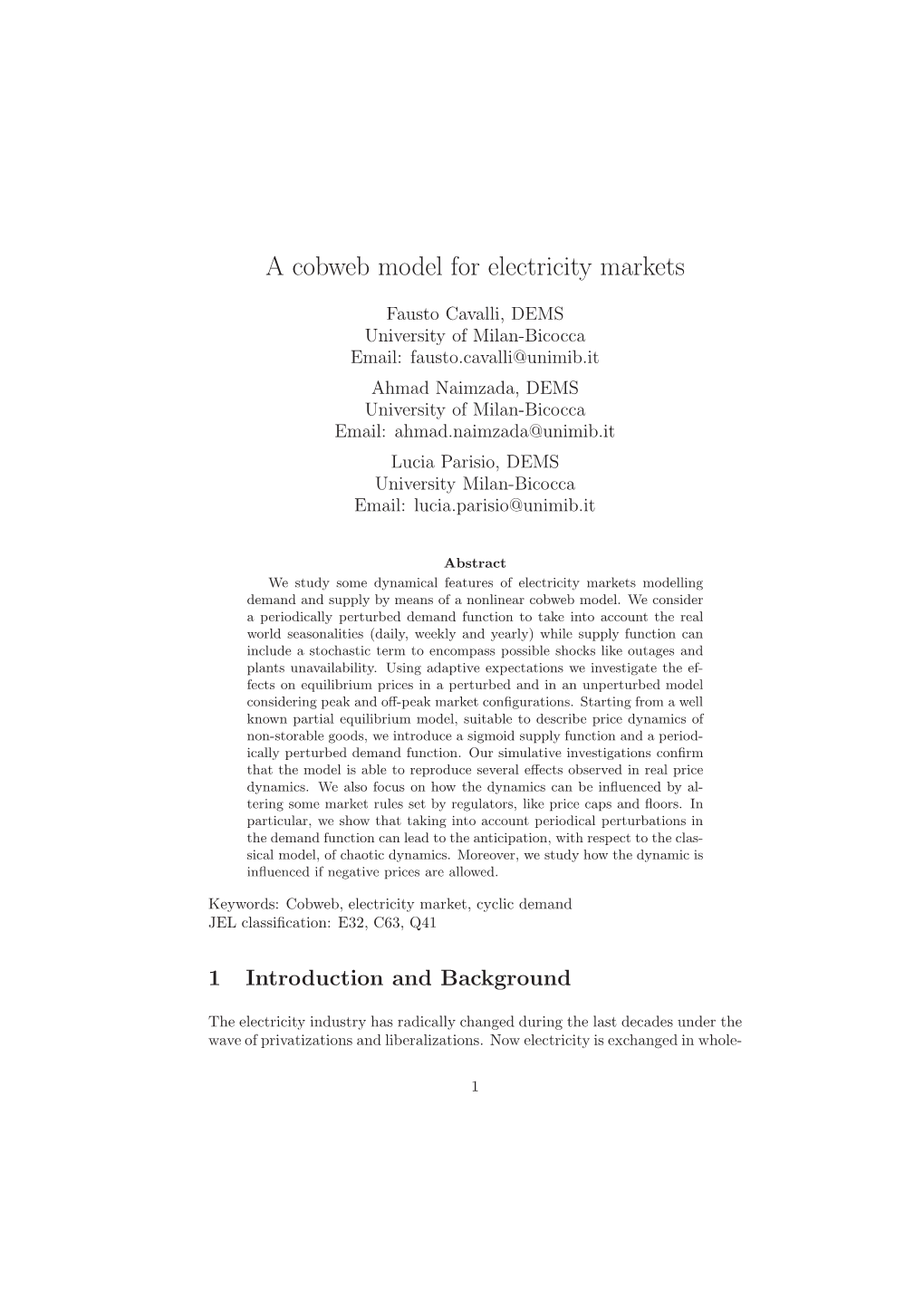 A Cobweb Model for Electricity Markets