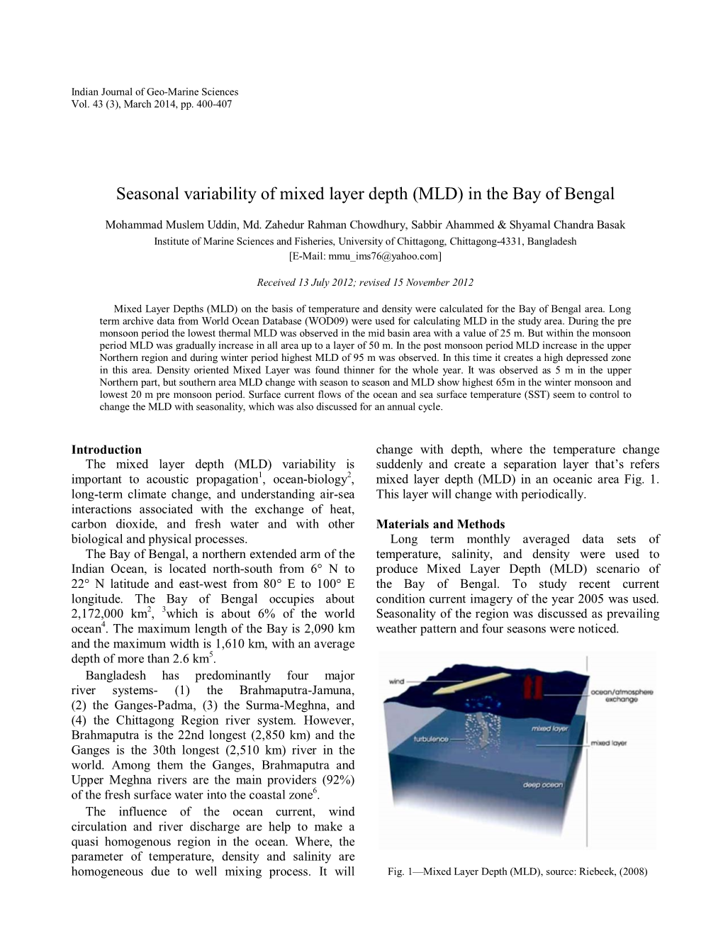 Seasonal Variability of Mixed Layer Depth (MLD) in the Bay of Bengal