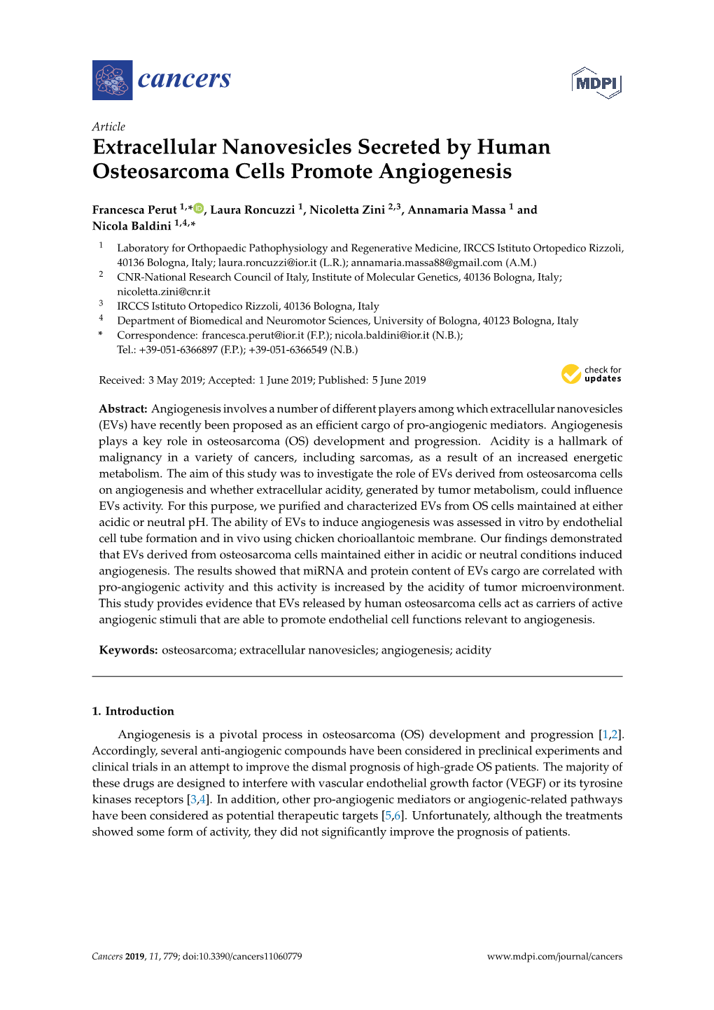 Extracellular Nanovesicles Secreted by Human Osteosarcoma Cells Promote Angiogenesis