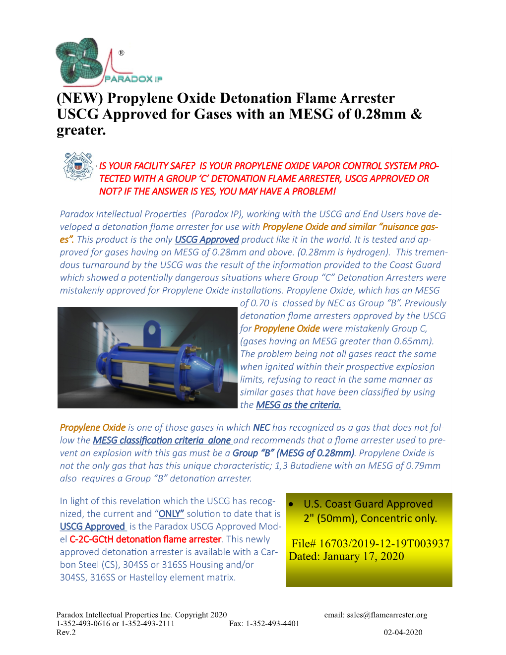 Propylene Oxide Detonation Flame Arrester USCG Approved for Gases with an MESG of 0.28Mm & Greater