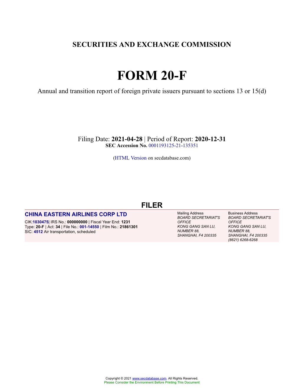 CHINA EASTERN AIRLINES CORP LTD Form 20-F Filed 2021-04-28