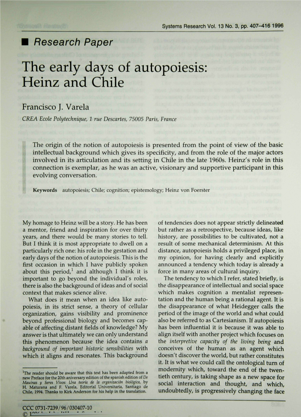Research Paper the Early Days of Autopoiesis: Heinz and Chile