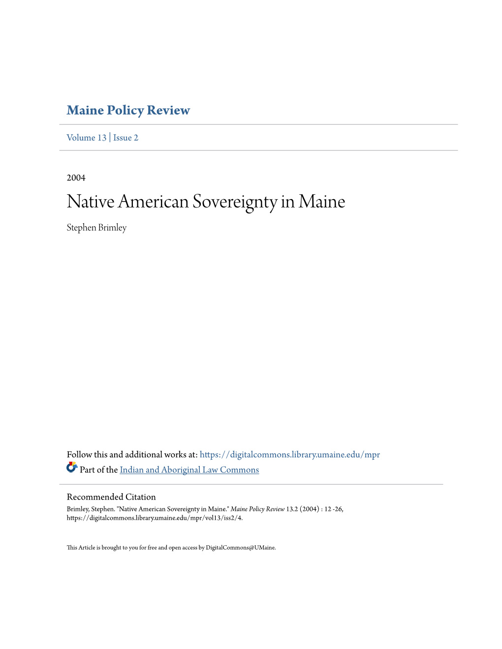 Native American Sovereignty in Maine Stephen Brimley