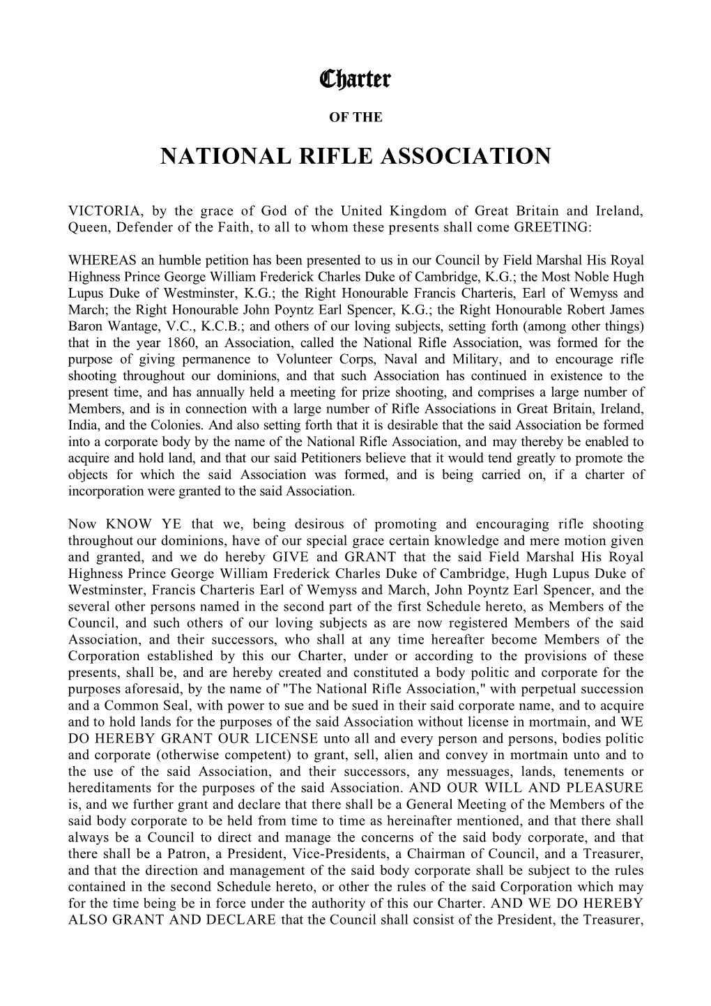 Charter NATIONAL RIFLE ASSOCIATION