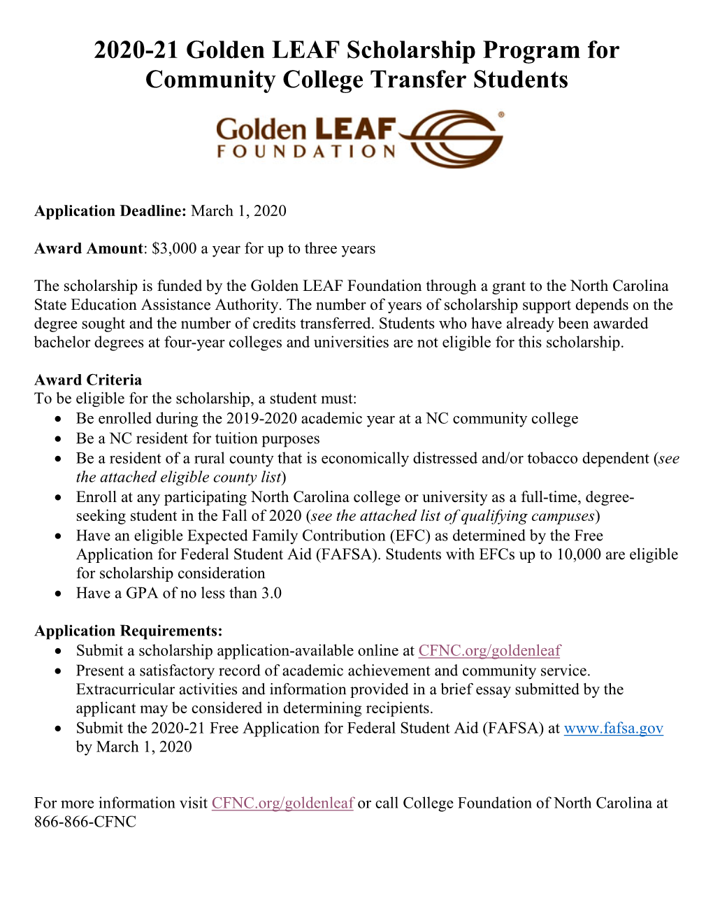 2020-21 Golden LEAF Scholarship Program for Community College Transfer Students