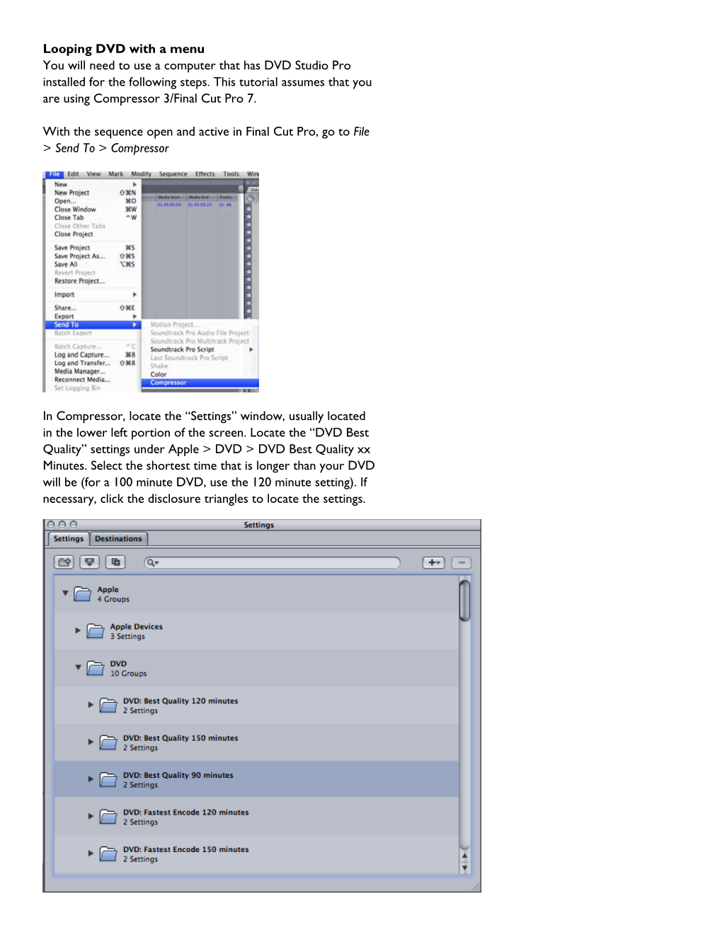 Looping DVD with a Menu You Will Need to Use a Computer That Has DVD Studio Pro Installed for the Following Steps