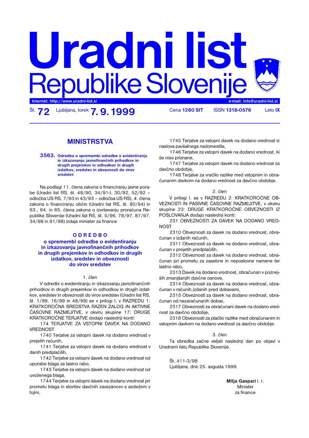 Republike Slovenije Internet: E-Mail: Info@Uradni-List.Si Št