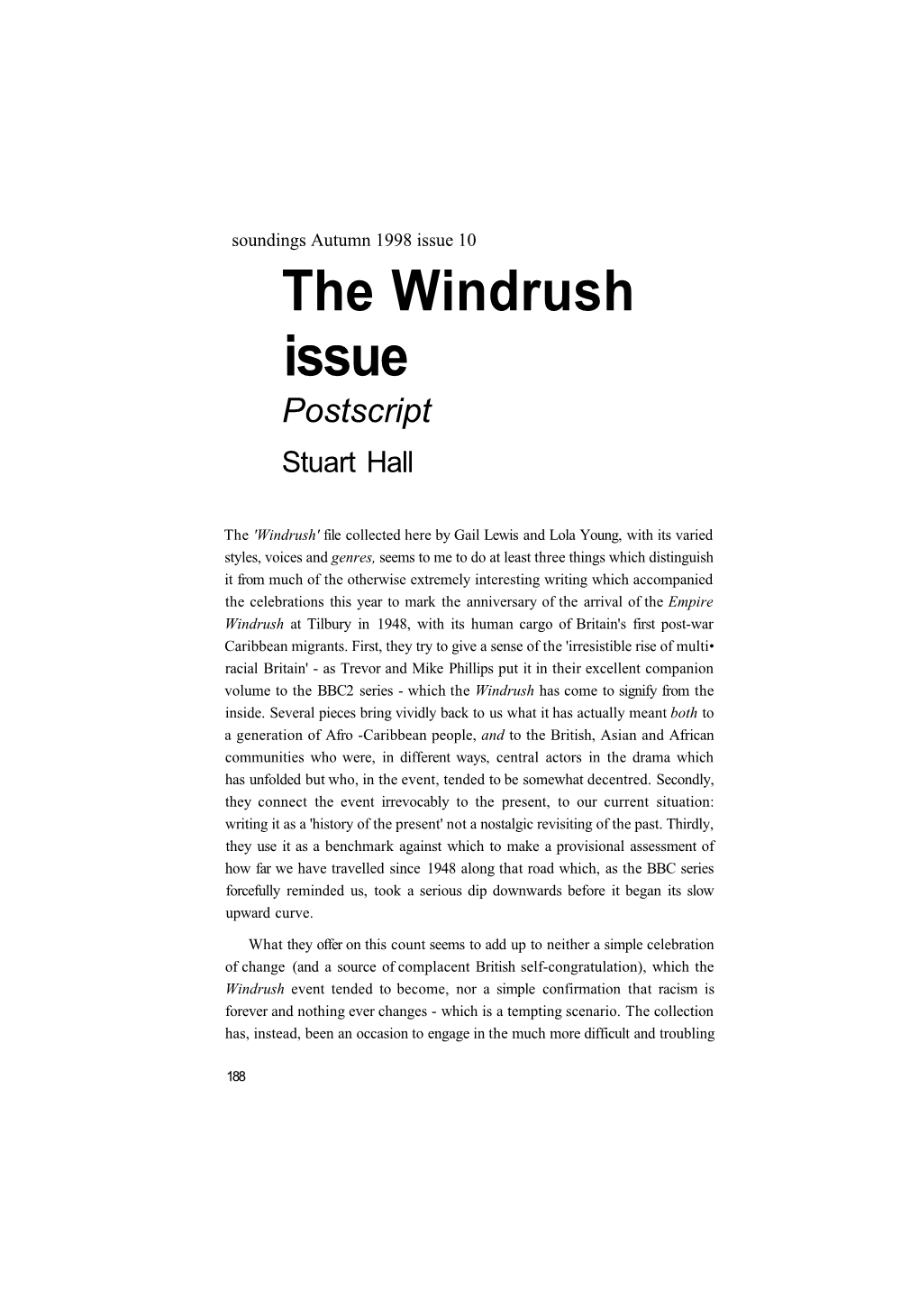 The Windrush Issue Postscript Stuart Hall