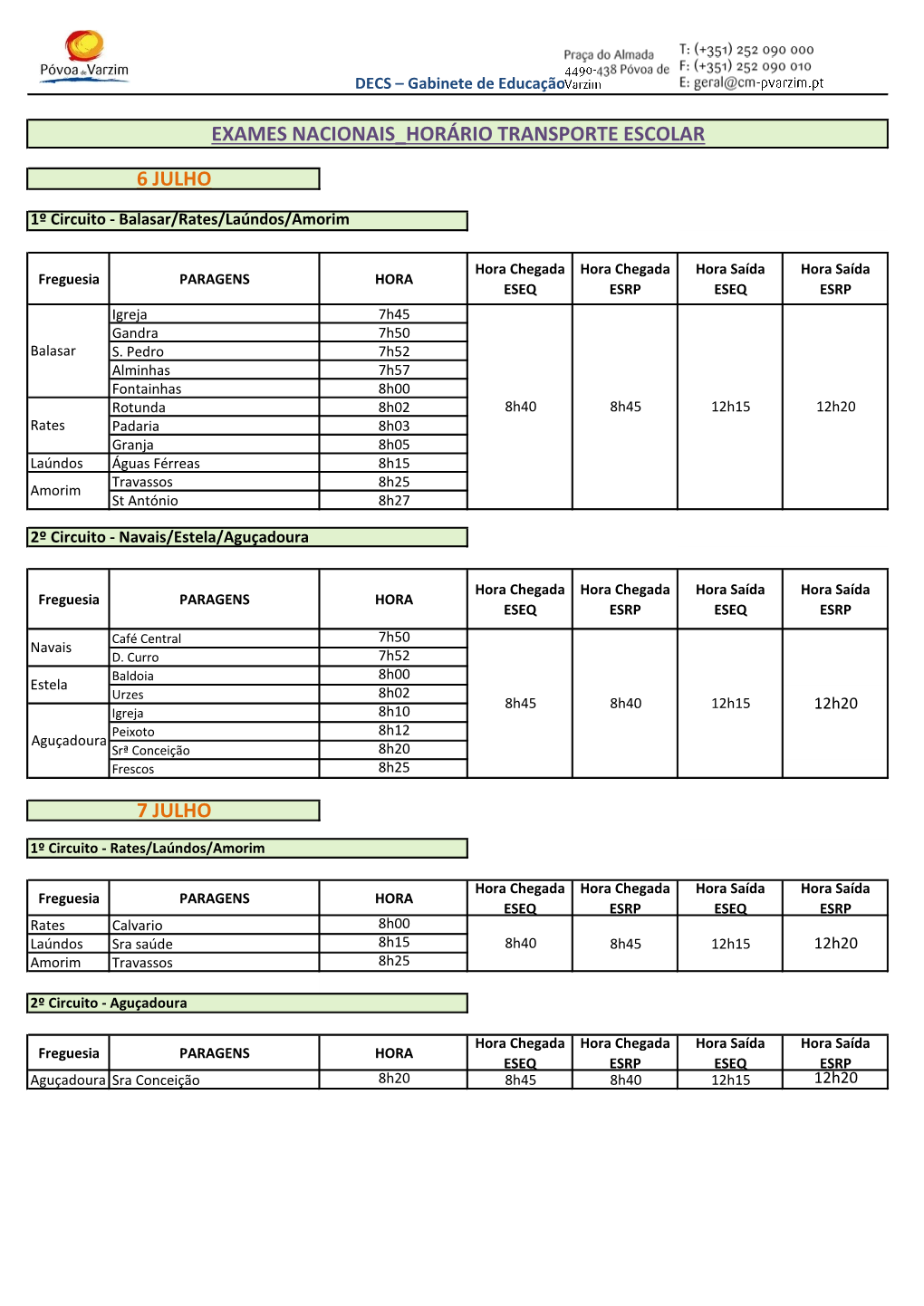 Exames Nacionais Horário Transporte Escolar