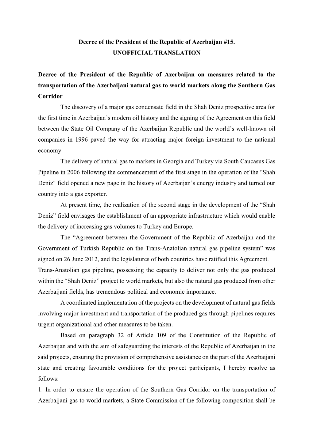 Decree of the President of the Republic of Azerbaijan On