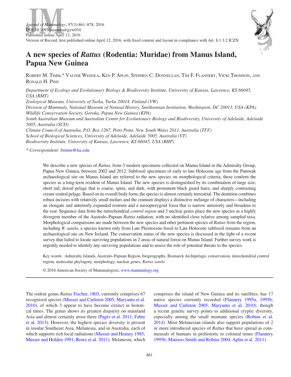 A New Species of Rattus (Rodentia: Muridae) from Manus Island, Papua New Guinea