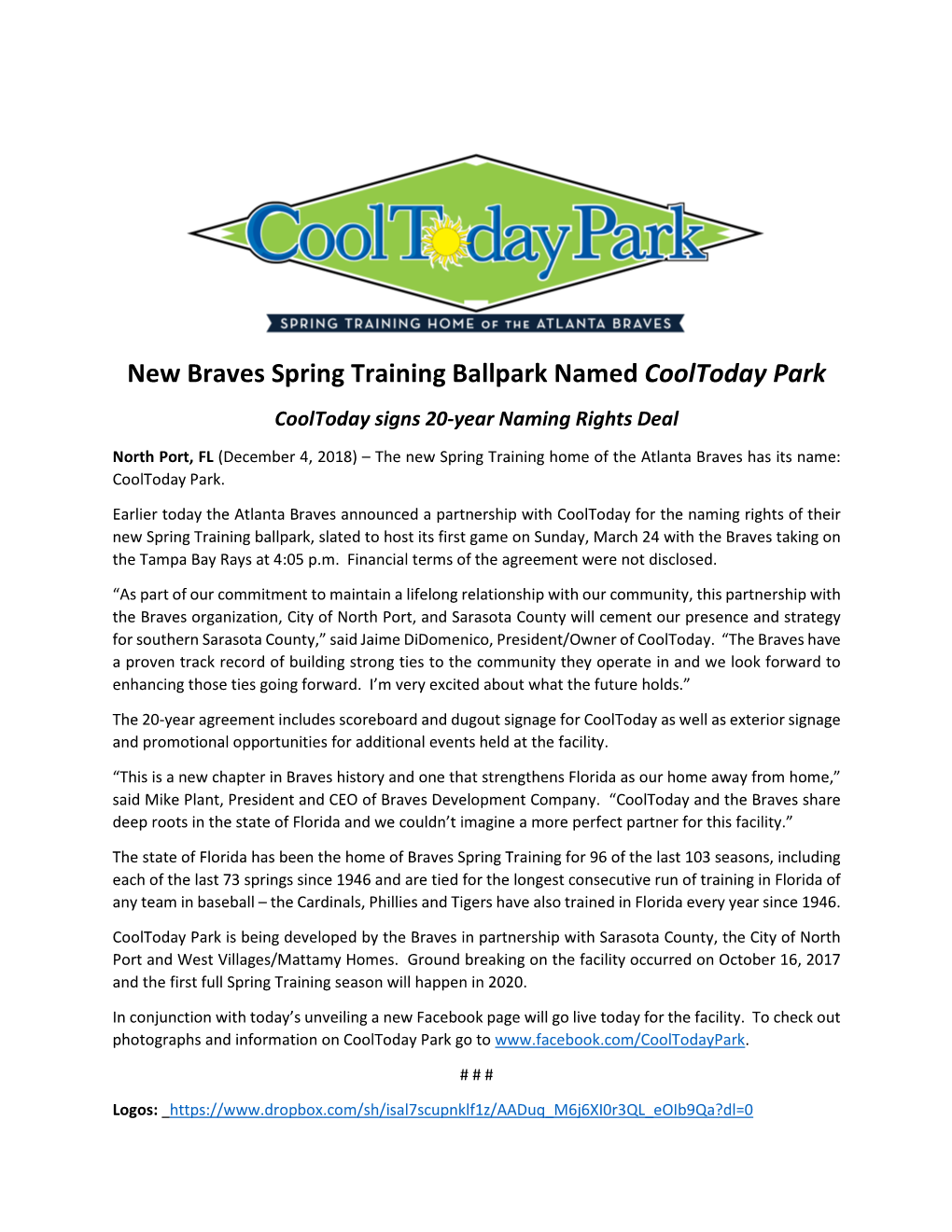 New Braves Spring Training Ballpark Named Cooltoday Park Cooltoday Signs 20-Year Naming Rights Deal