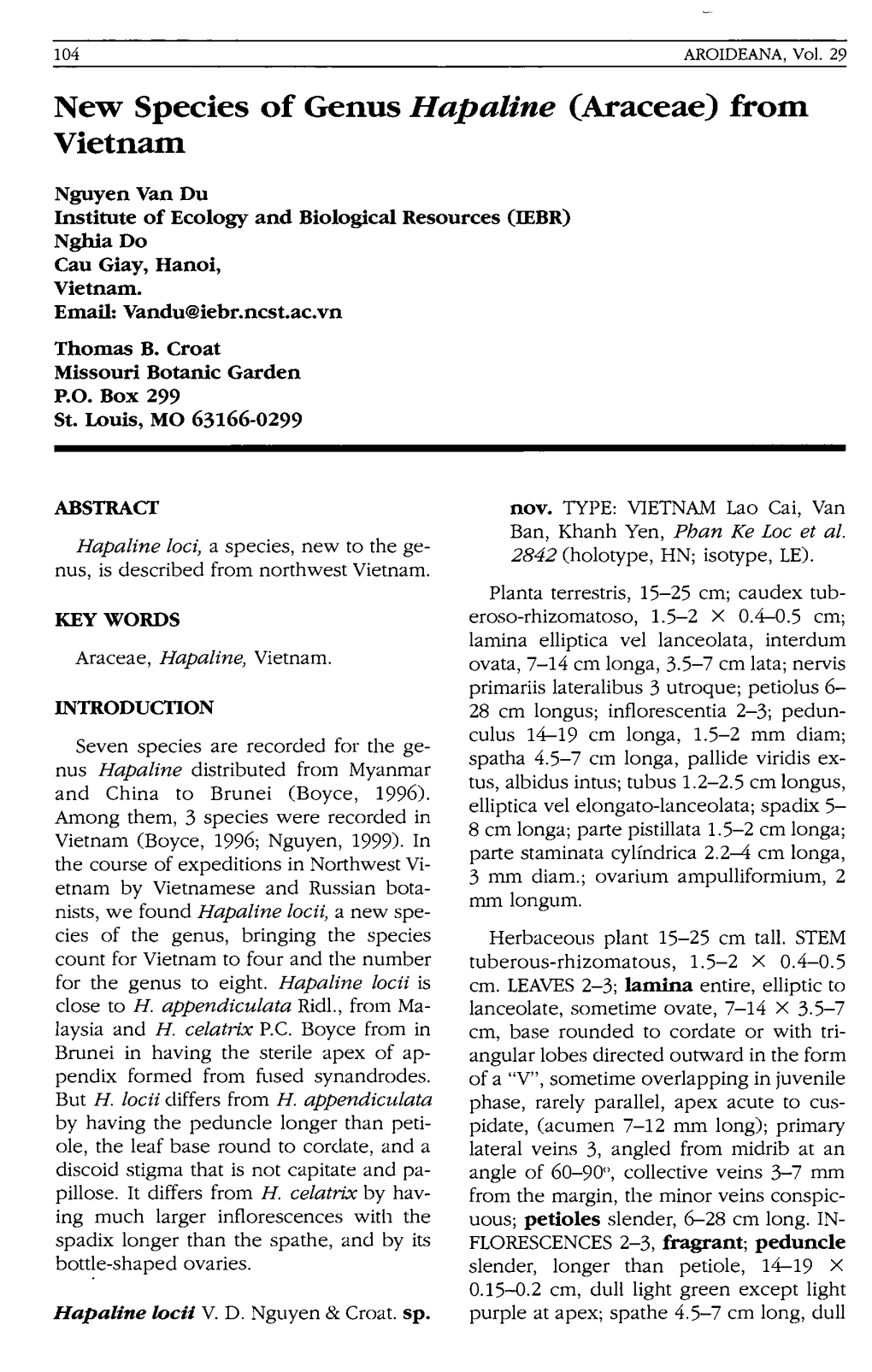 New Species of Genus Hapaline (Araceae) from Vietnam