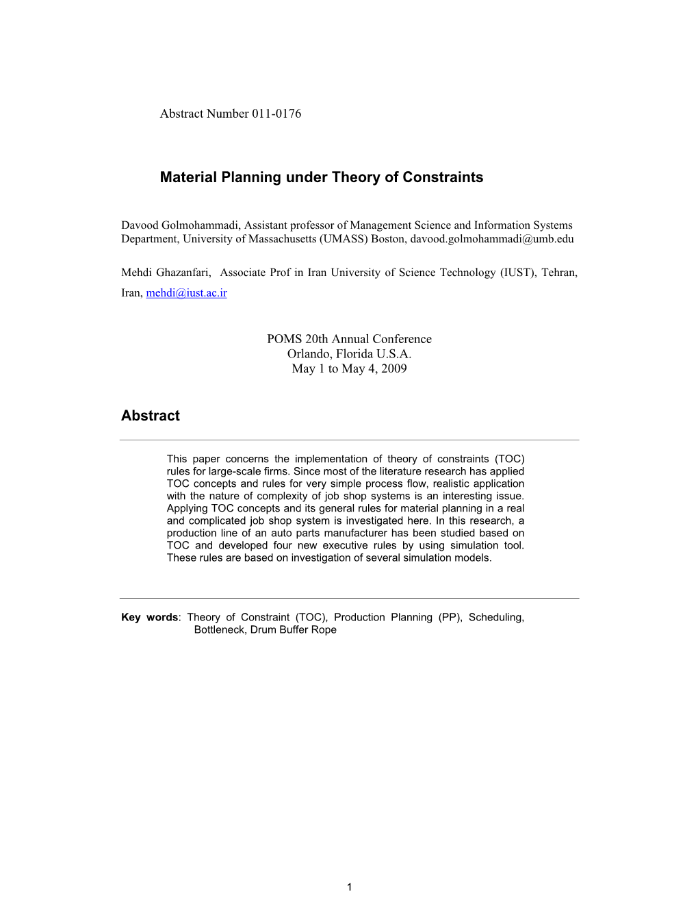 Material Planning Under Theory of Constraints Abstract