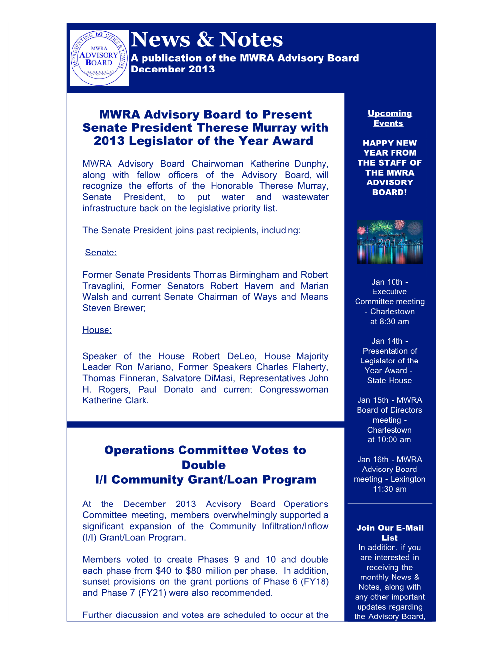MWRA Advisory Board December News & Notes
