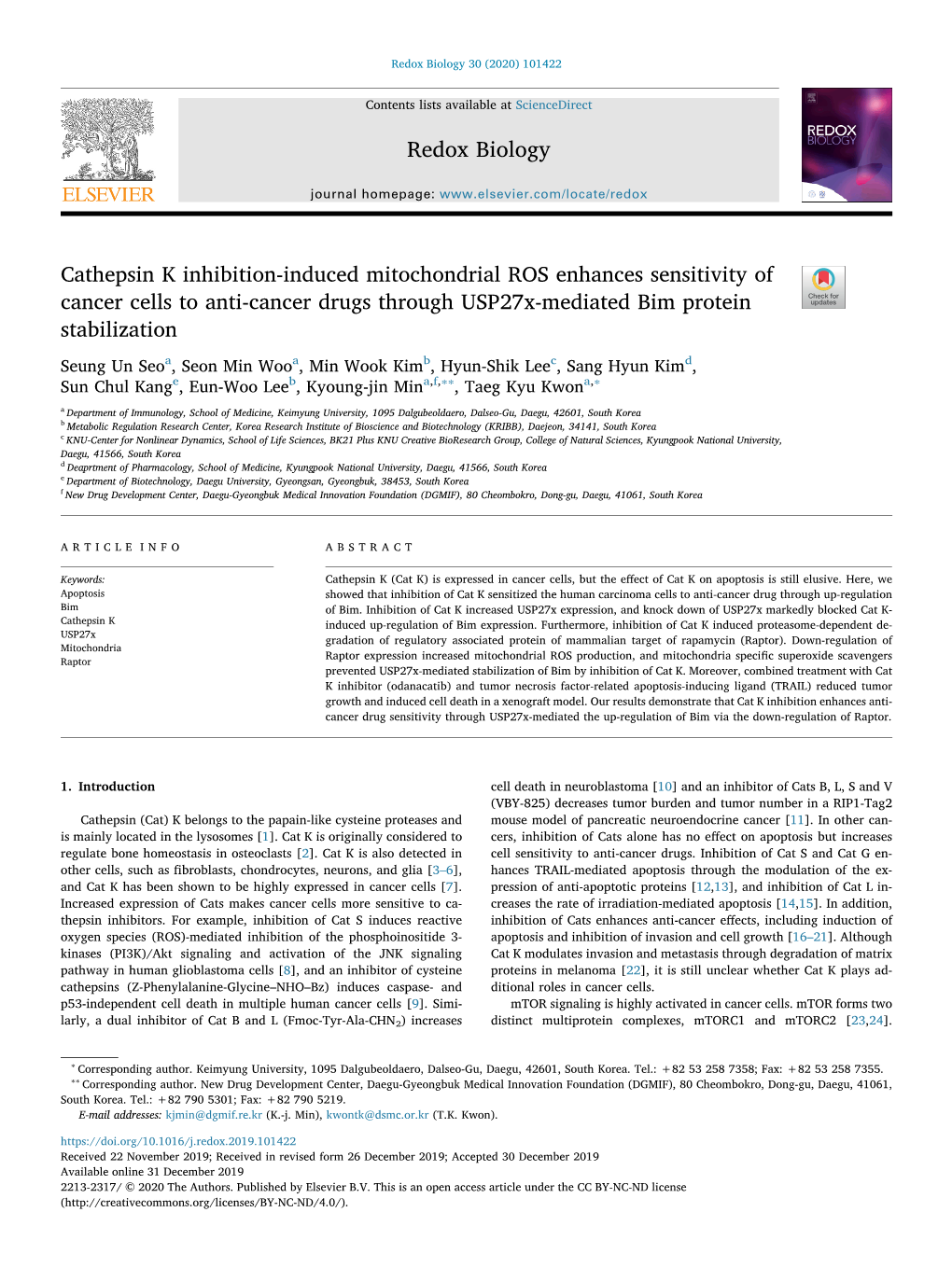 Cathepsin K Inhibition-Induced Mitochondrial ROS Enhances Sensitivity of Cancer Cells to Anti-Cancer Drugs Through Usp27x-Mediated Bim Protein T Stabilization