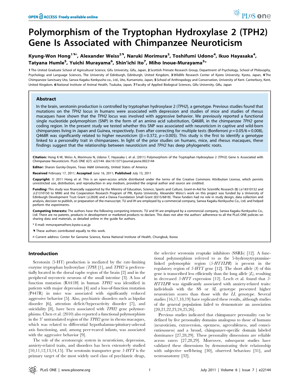 (TPH2) Gene Is Associated with Chimpanzee Neuroticism