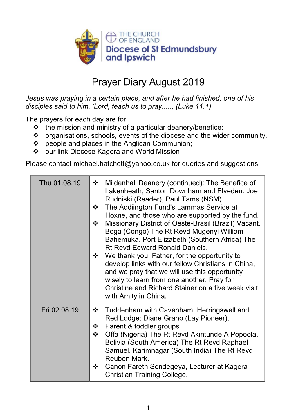 Prayer Diary August 2019