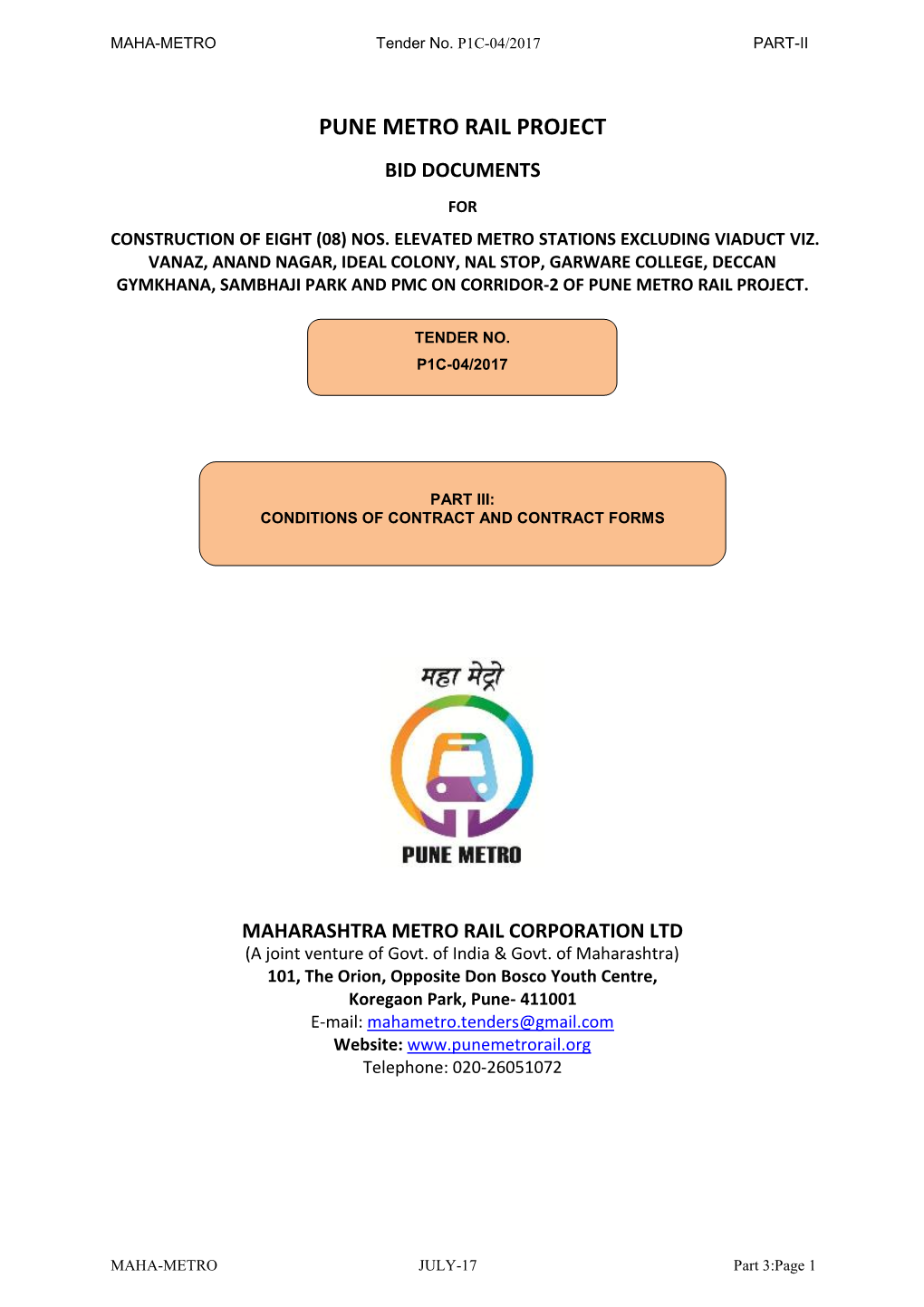 Pune Metro Rail Project Bid Documents for Construction of Eight (08) Nos