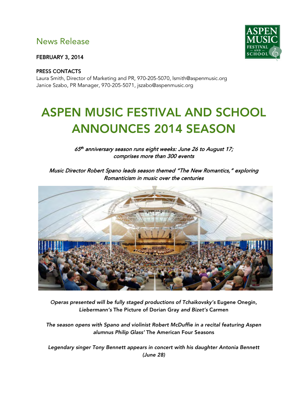 Aspen Music Festival and School Announces 2014 Season