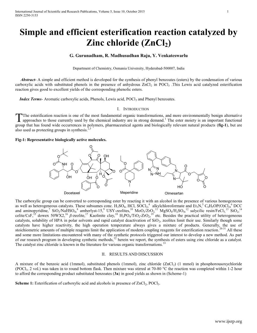 Simple and Efficient Esterification Reaction Catalyzed by Zinc Chloride (Zncl2)