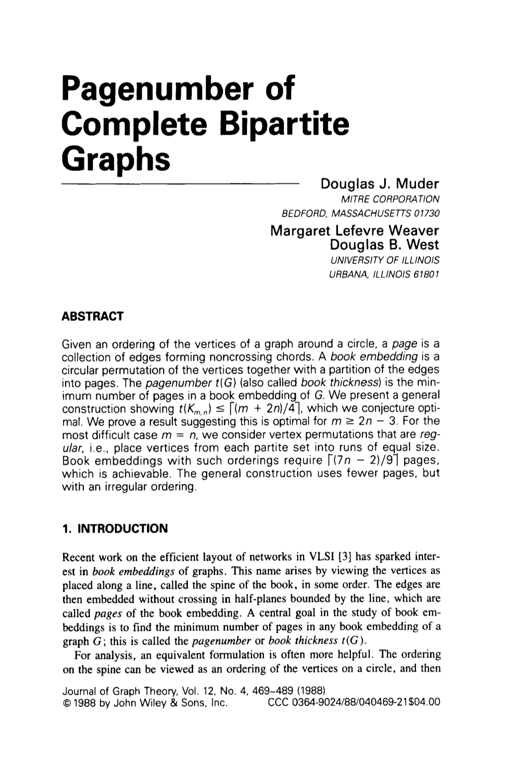 Pagenumber of Complete Bipartite Graphs Douglas J