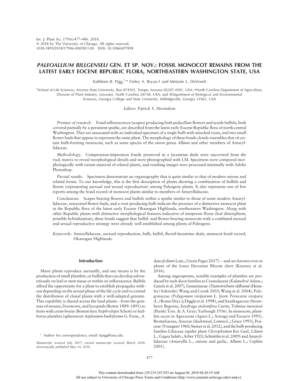 Paleoallium Billgenseli Gen. Et Sp. Nov.: Fossil Monocot Remains from the Latest Early Eocene Republic Flora, Northeastern Washington State, Usa