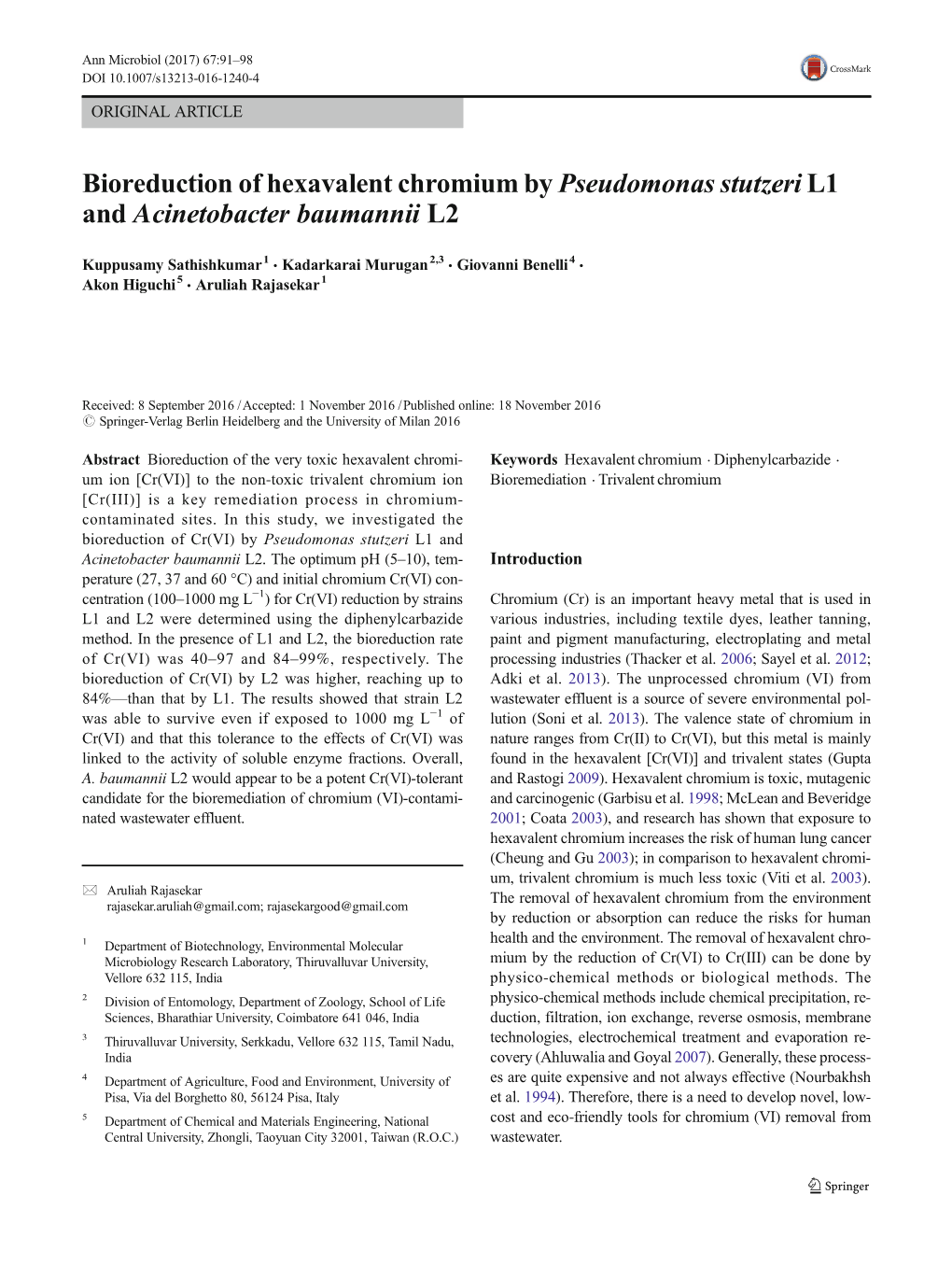 Bioreduction of Hexavalent Chromium by Pseudomonas Stutzeri L1 and Acinetobacter Baumannii L2