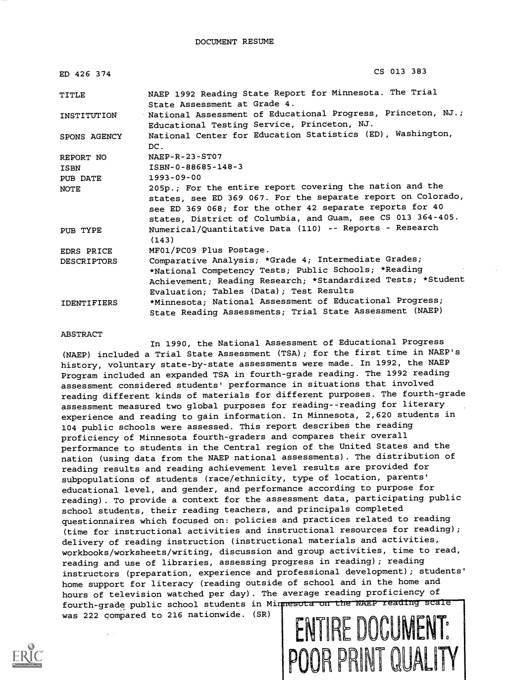 POOR PM' MAU NATIONAL CENTER for EDUCATION STATISTICS NAEP 1992 Reading State Report for Minnesota the Trial State Assessment at Grade 4