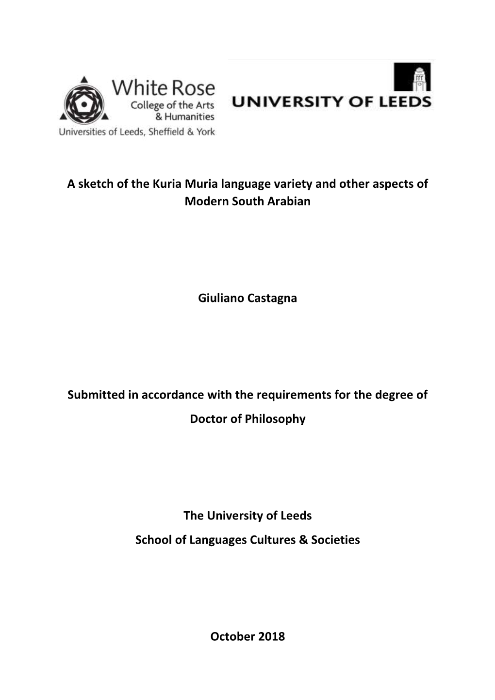 A Sketch of the Kuria Muria Language Variety and Other Aspects of Modern South Arabian