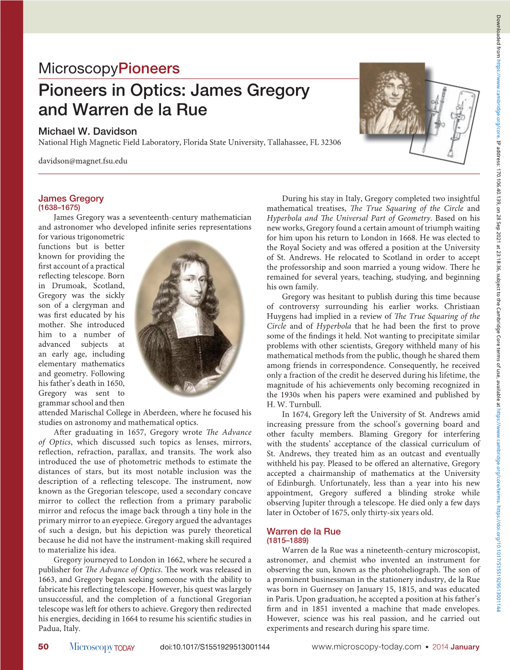 Pioneers in Optics: James Gregory and Warren De La Rue Michael W