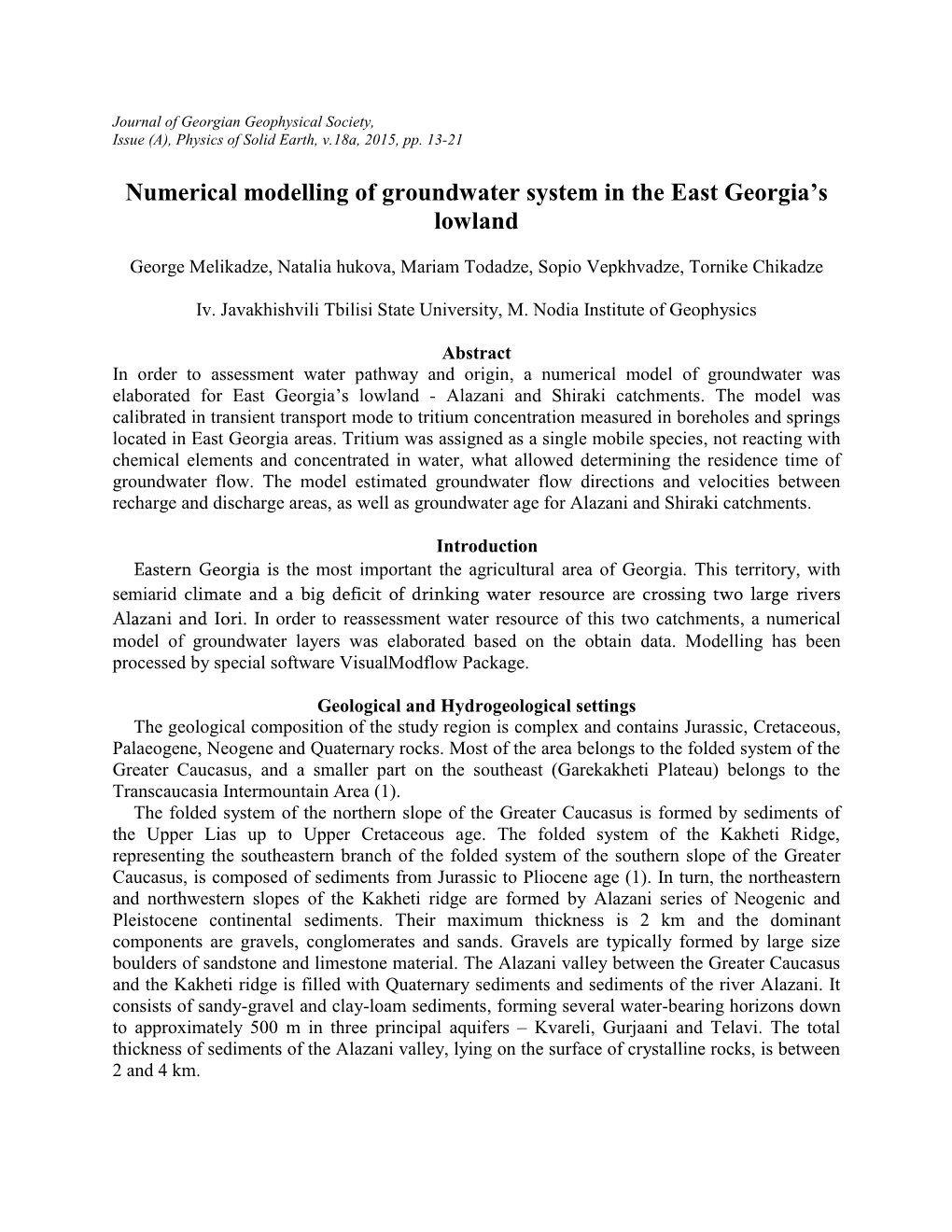 Numerical Modelling of Groundwater System in the East Georgia's Lowland