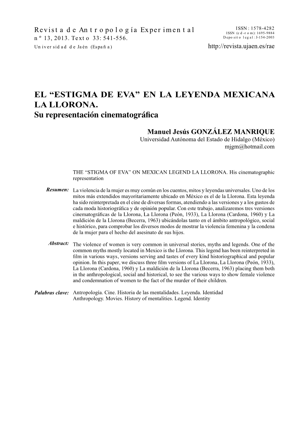 EN LA LEYENDA MEXICANA LA LLORONA. Su Representación Cinematográfica