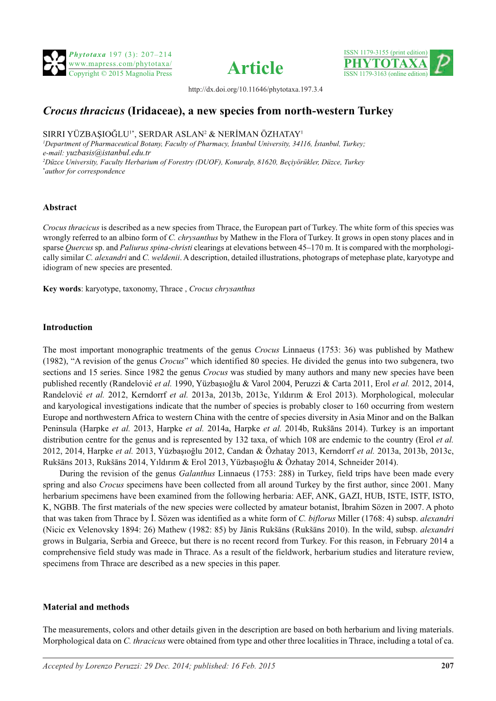 Crocus Thracicus (Iridaceae), a New Species from North-Western Turkey