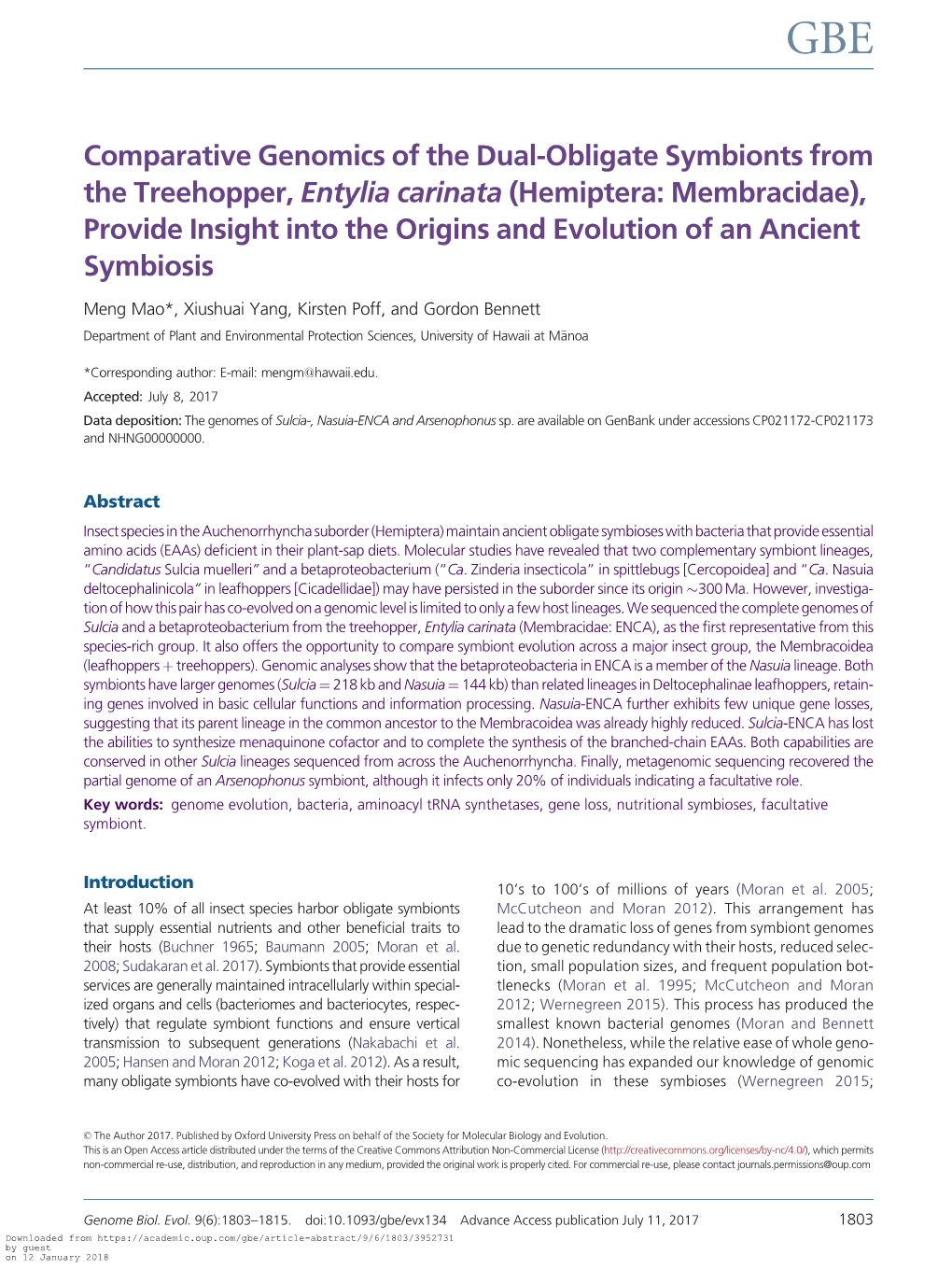 Comparative Genomics of the Dual-Obligate Symbionts from the Treehopper, Entylia Carinata (Hemiptera: Membracidae), Provide Insi