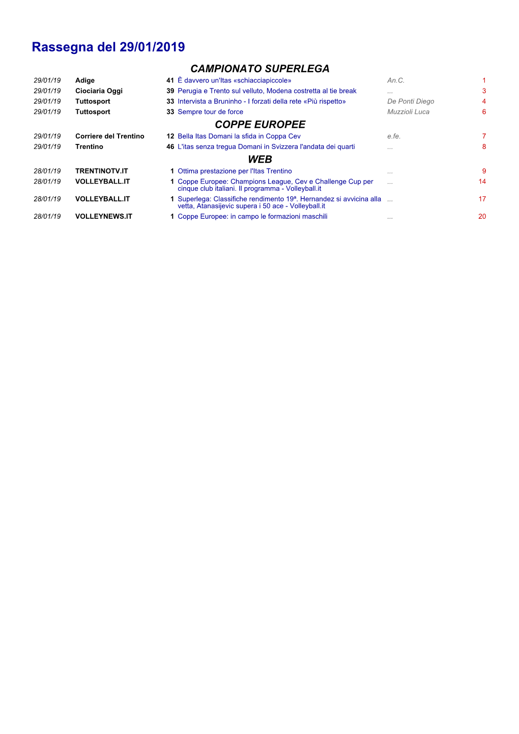 Rassegna Del 29/01/2019