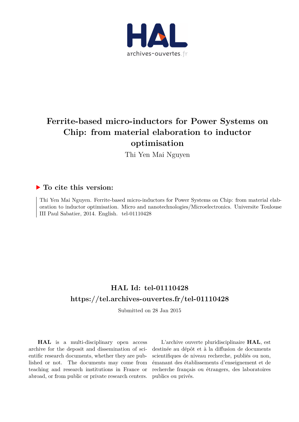 Ferrite-Based Micro-Inductors for Power Systems on Chip: from Material Elaboration to Inductor Optimisation Thi Yen Mai Nguyen