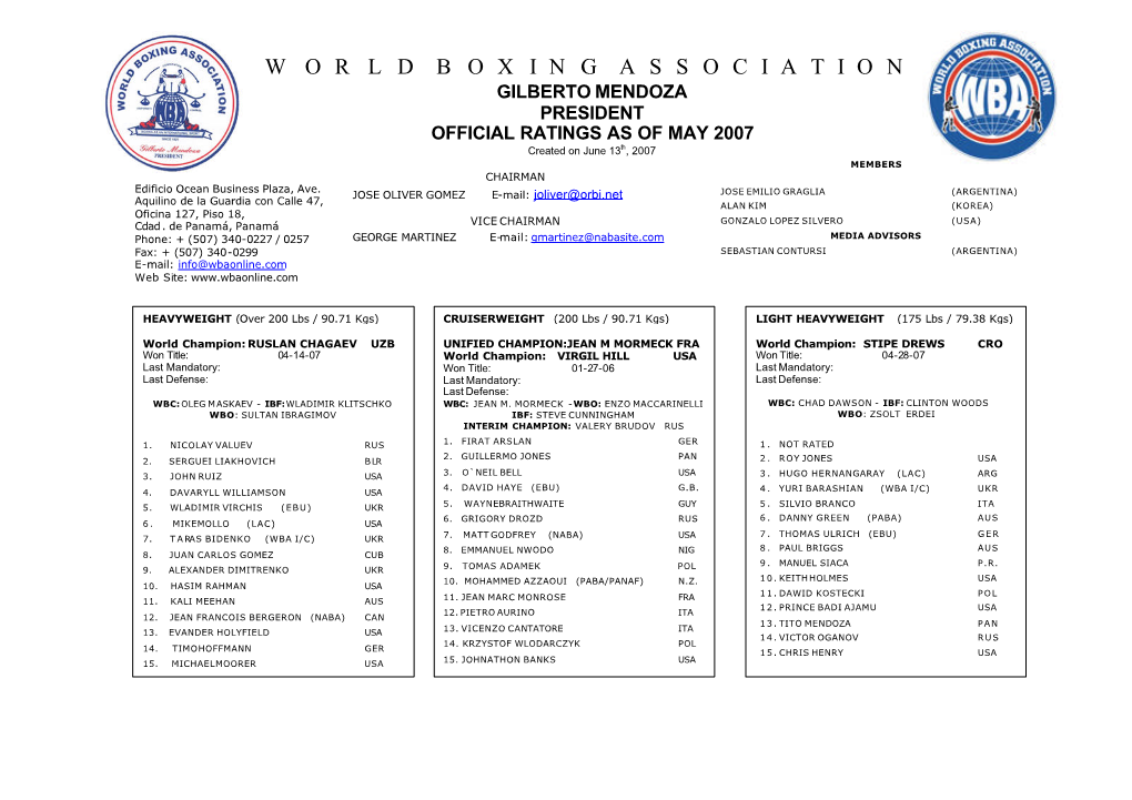 WORLD BOXING ASSOCIATION GILBERTO MENDOZA PRESIDENT OFFICIAL RATINGS AS of MAY 2007 Created on June 13Th , 2007 MEMBERS CHAIRMAN Edificio Ocean Business Plaza, Ave