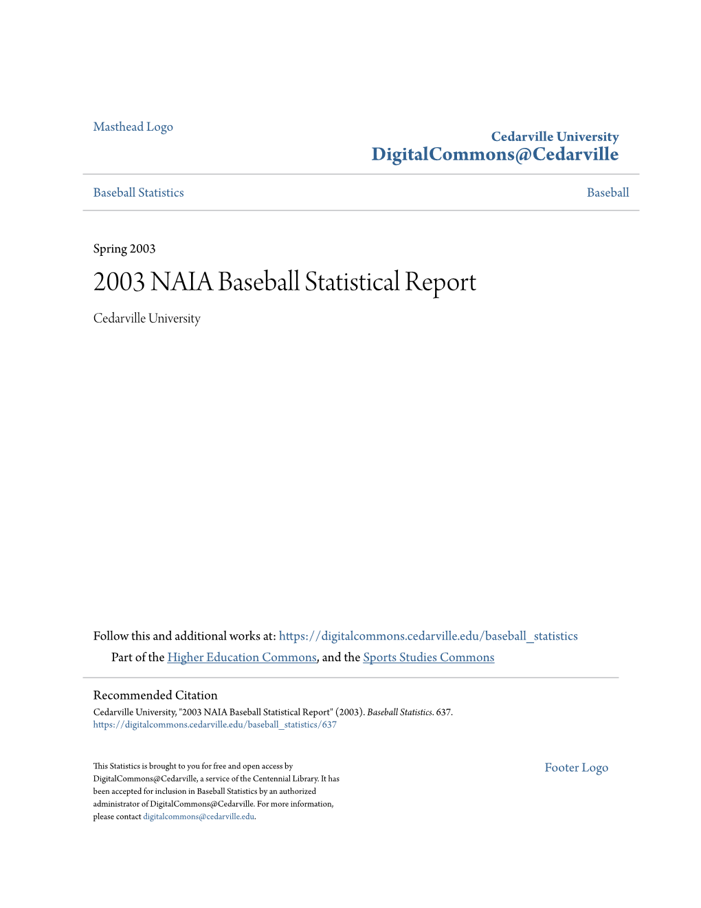 2003 NAIA Baseball Statistical Report Cedarville University