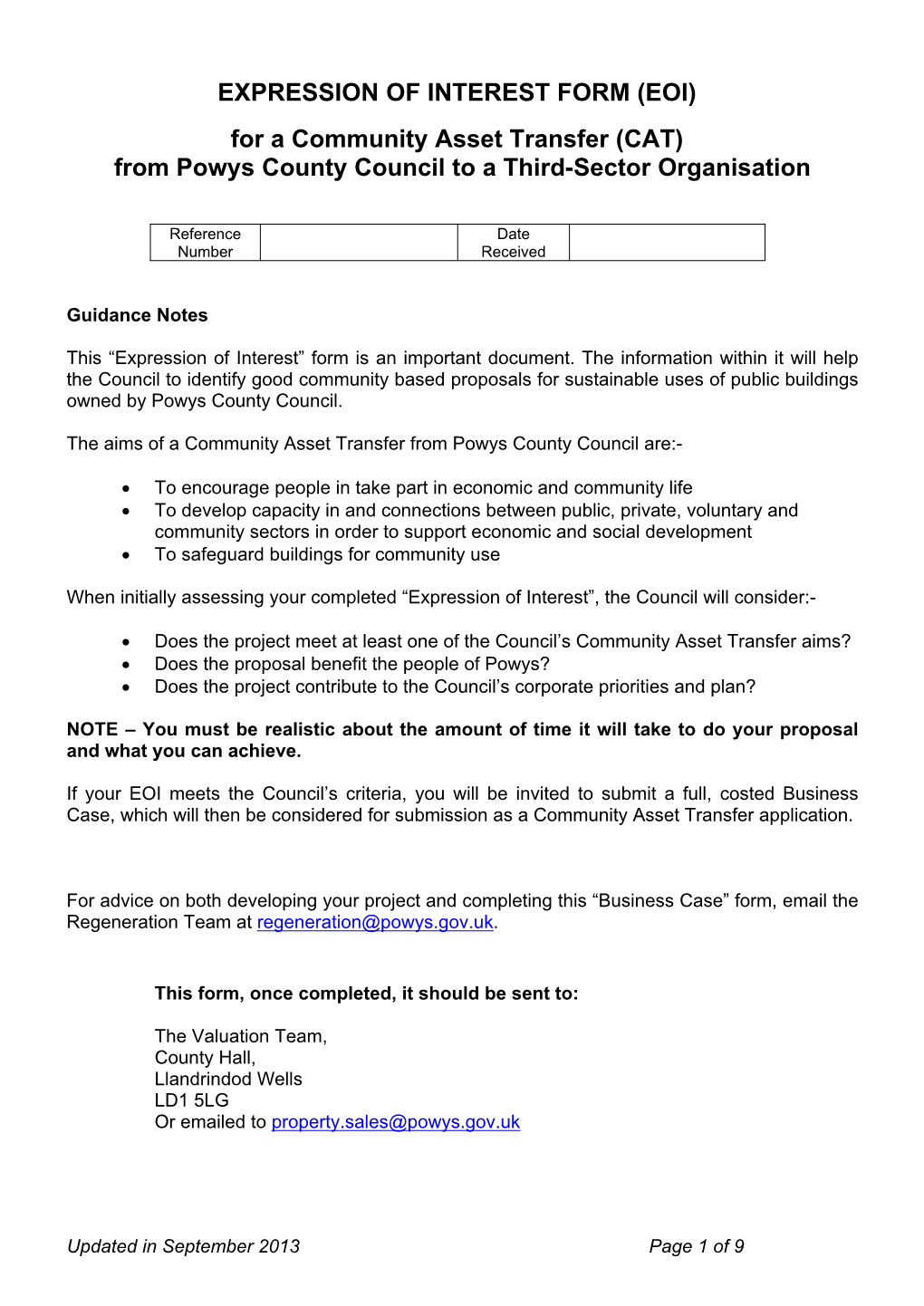 EOI) for a Community Asset Transfer (CAT) from Powys County Council to a Third-Sector Organisation