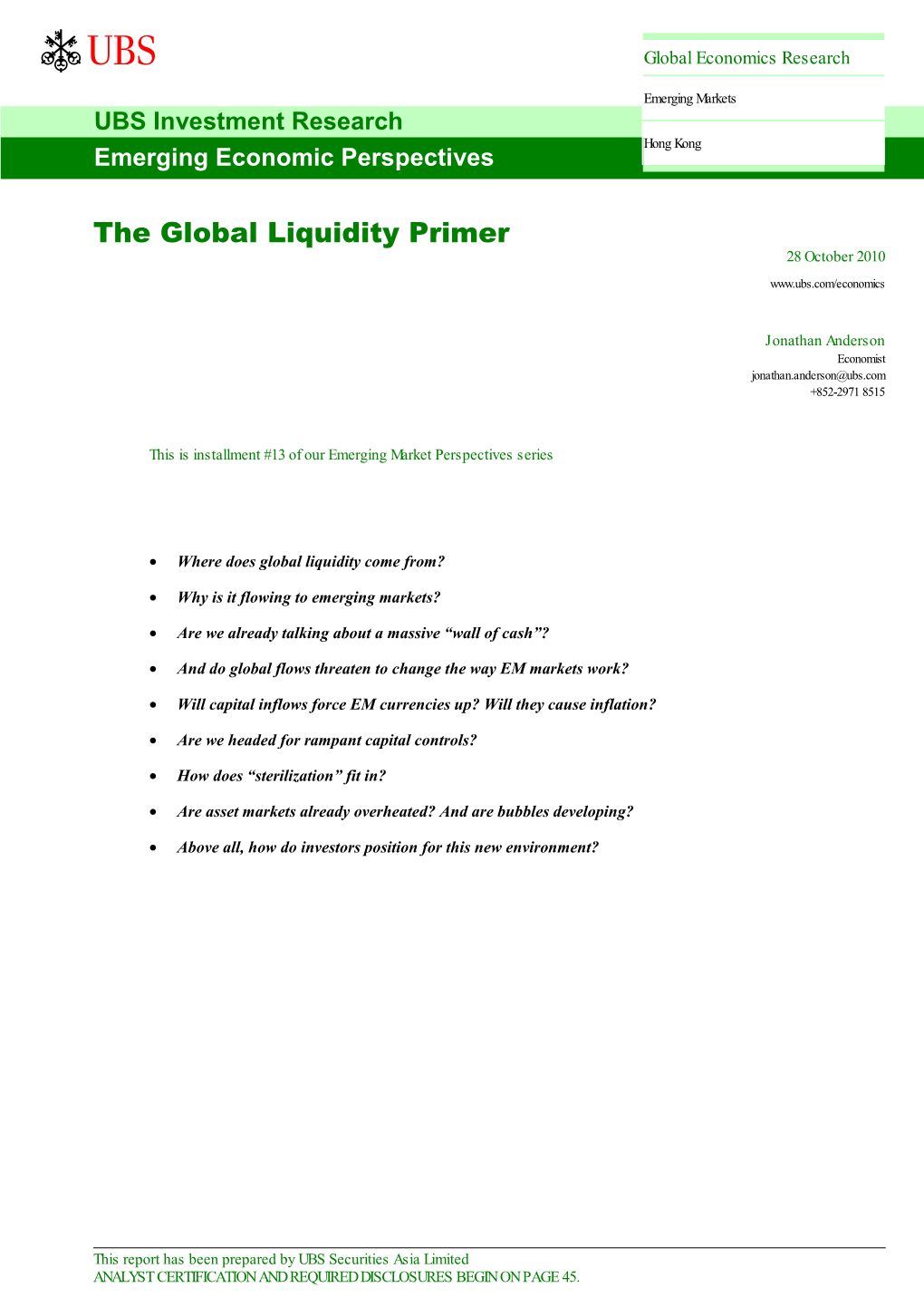The Global Liquidity Primer 28 October 2010
