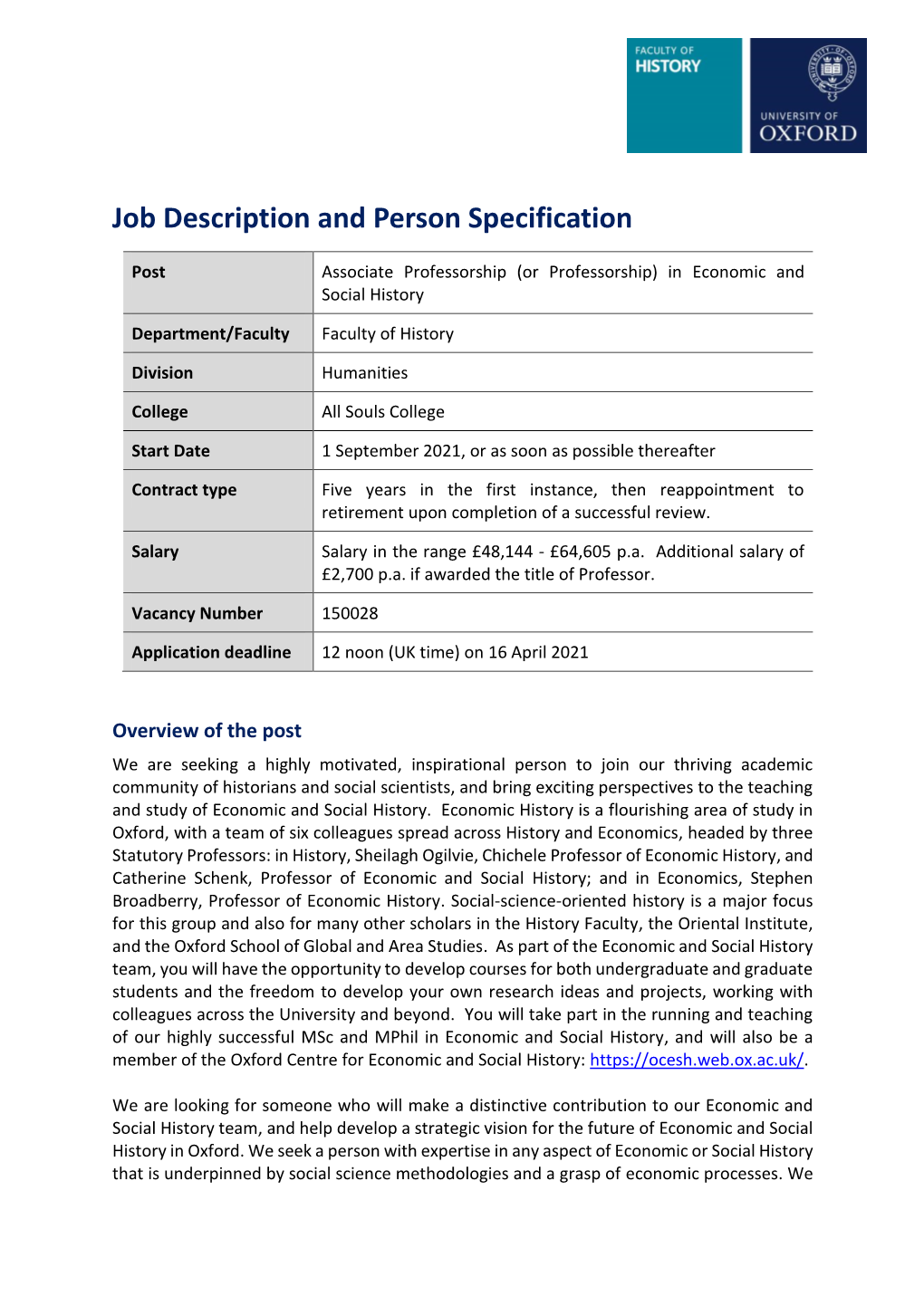 Job Description and Person Specification