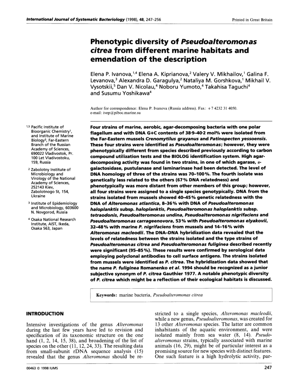 Phenotypic Diversity of Pseudoalteromonas Citrea from Different Marine Habitats and Emendation of the Description