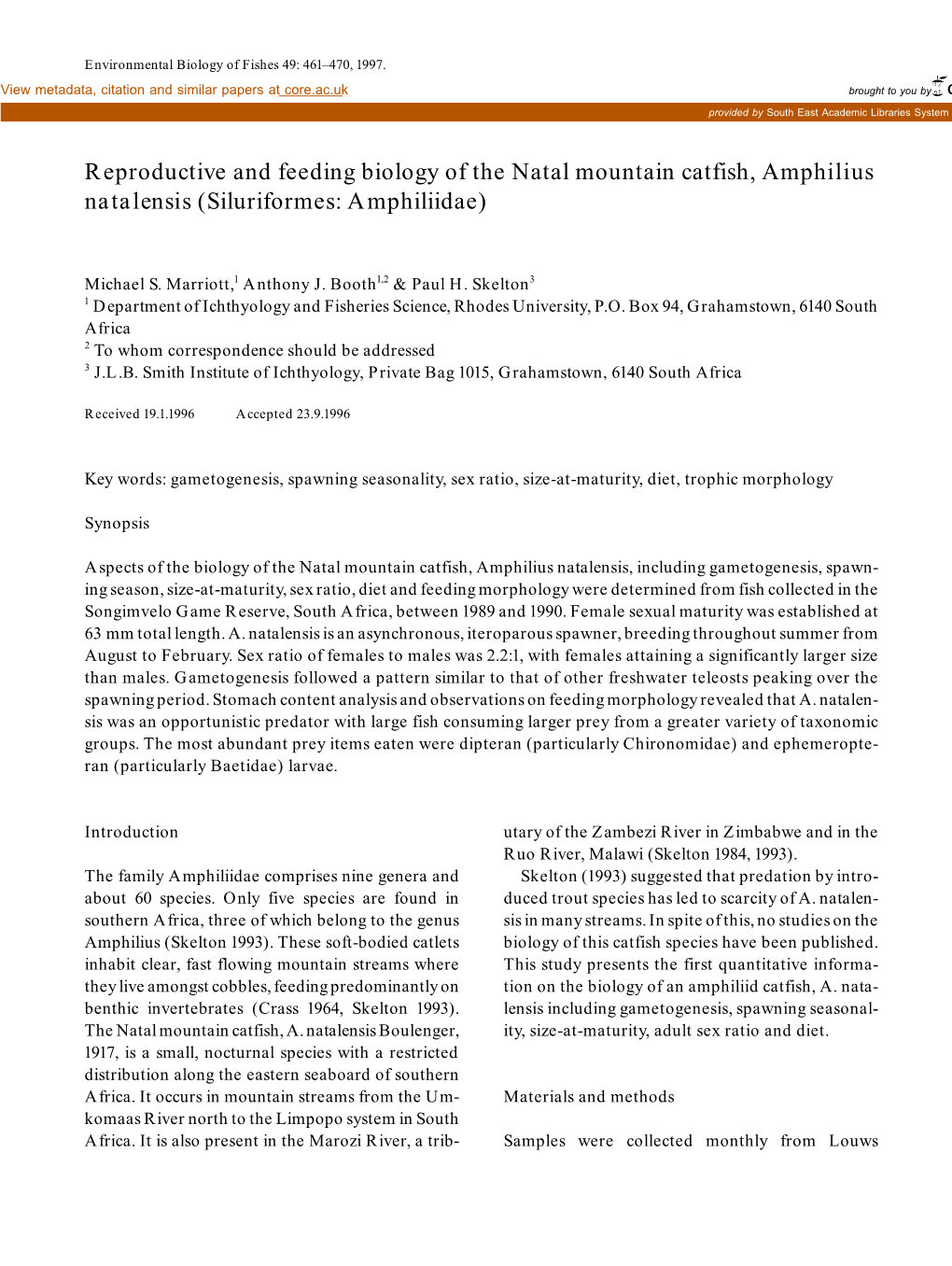 Reproductive and Feeding Biology of the Natal Mountain Catfish, Amphilius Natalensis (Siluriformes: Amphiliidae)