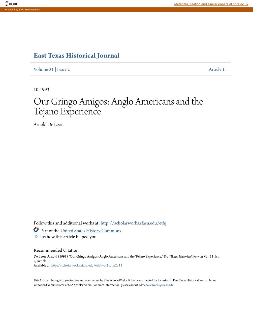 Anglo Americans and the Tejano Experience Arnold De Leon