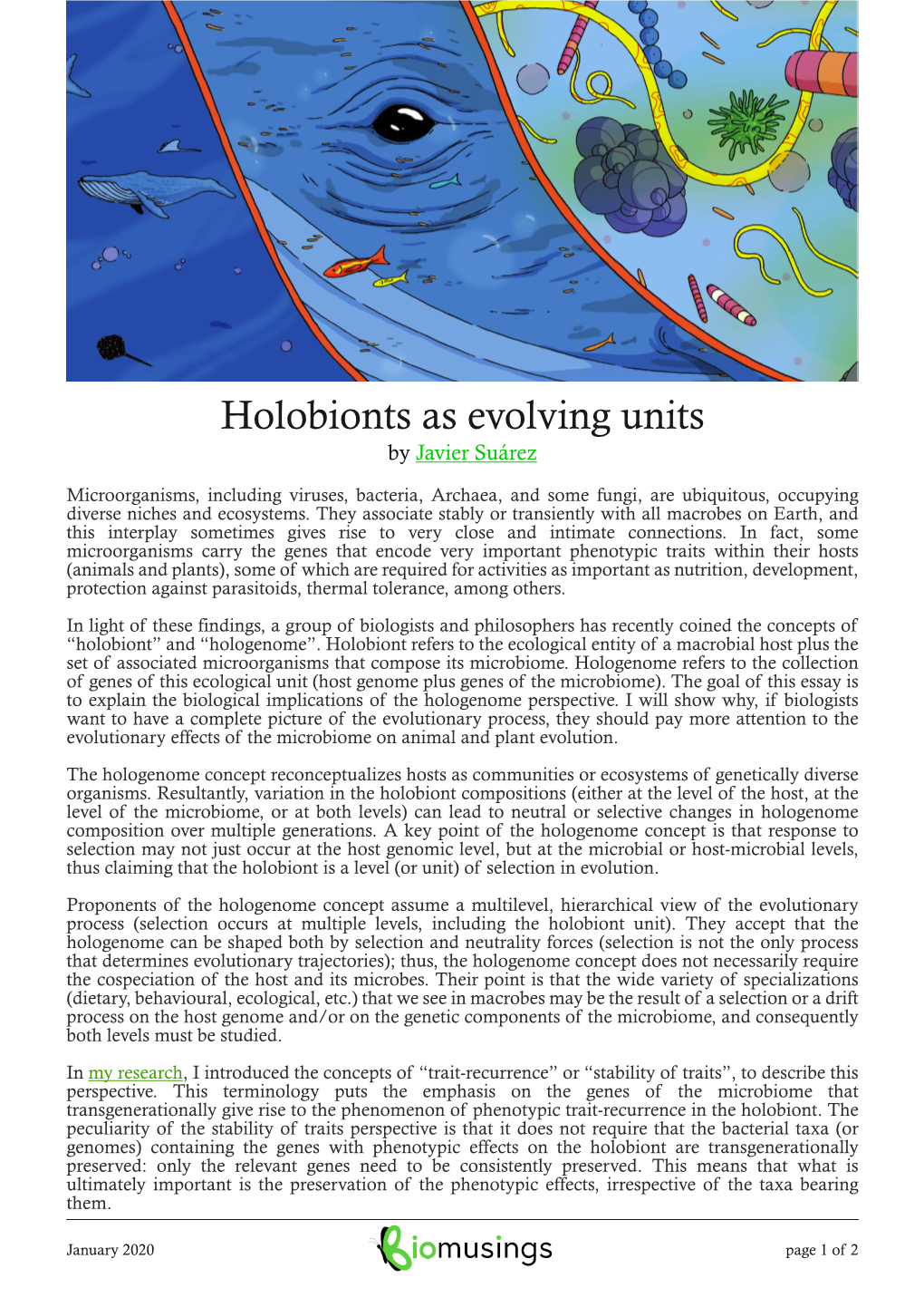 Holobionts As Evolving Units by Javier Suárez