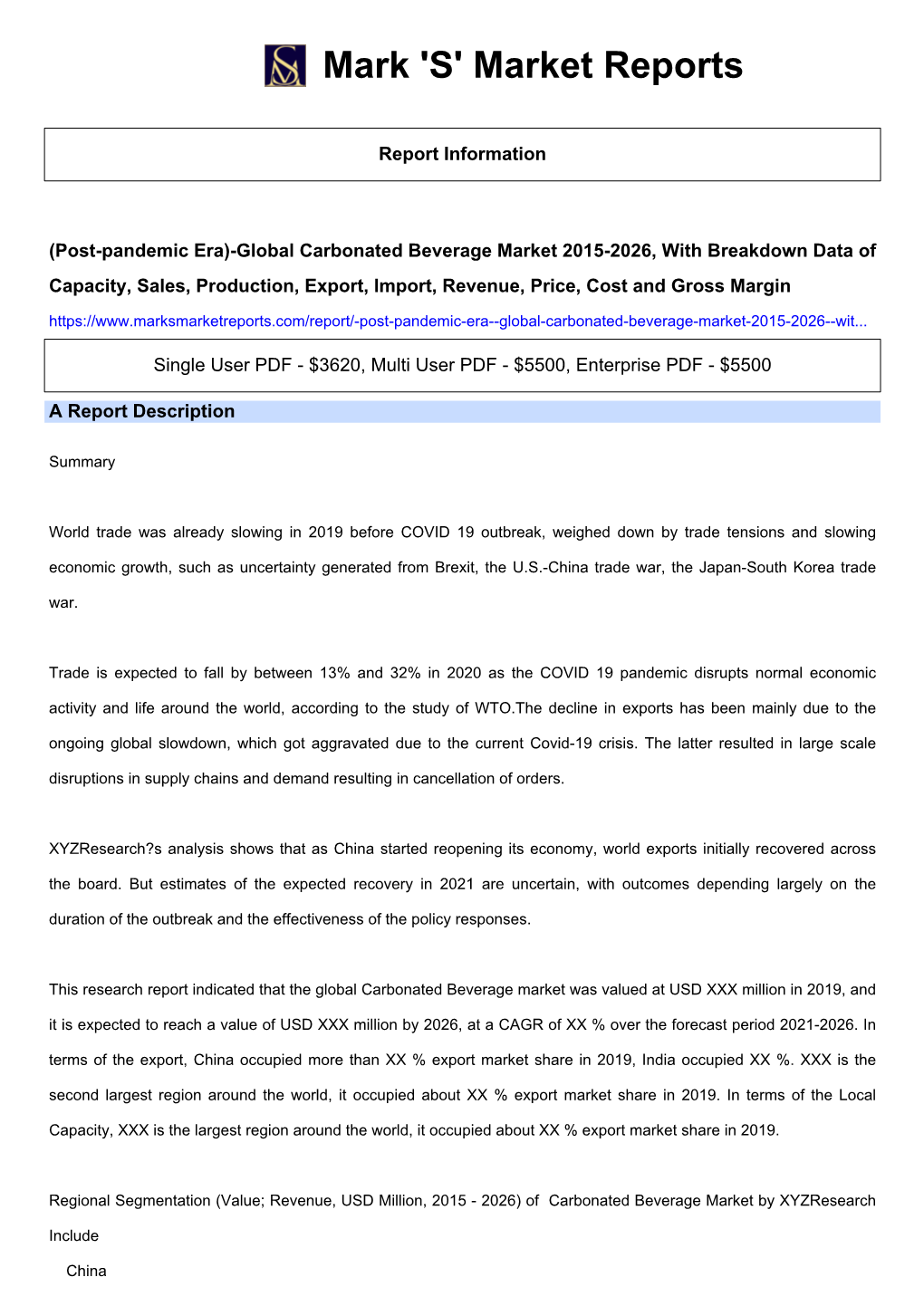 (Post-Pandemic Era)-Global Carbonated Beverage Market 2015