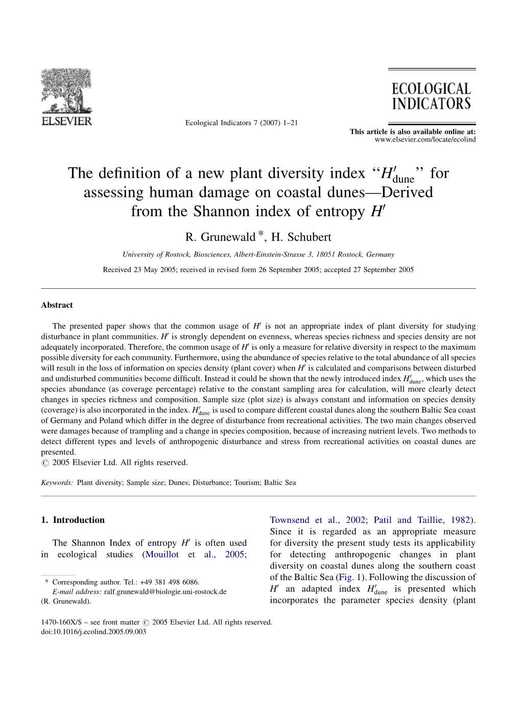 For Assessing Human Damage on Coastal Dunes—Derived from the Shannon Index of Entropy H0 R